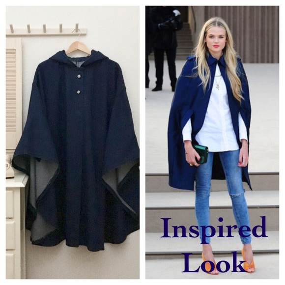 Vintage Jackets & Blazers - Dark Blue Denim Coat Length Cape with Hood Lg-XLG